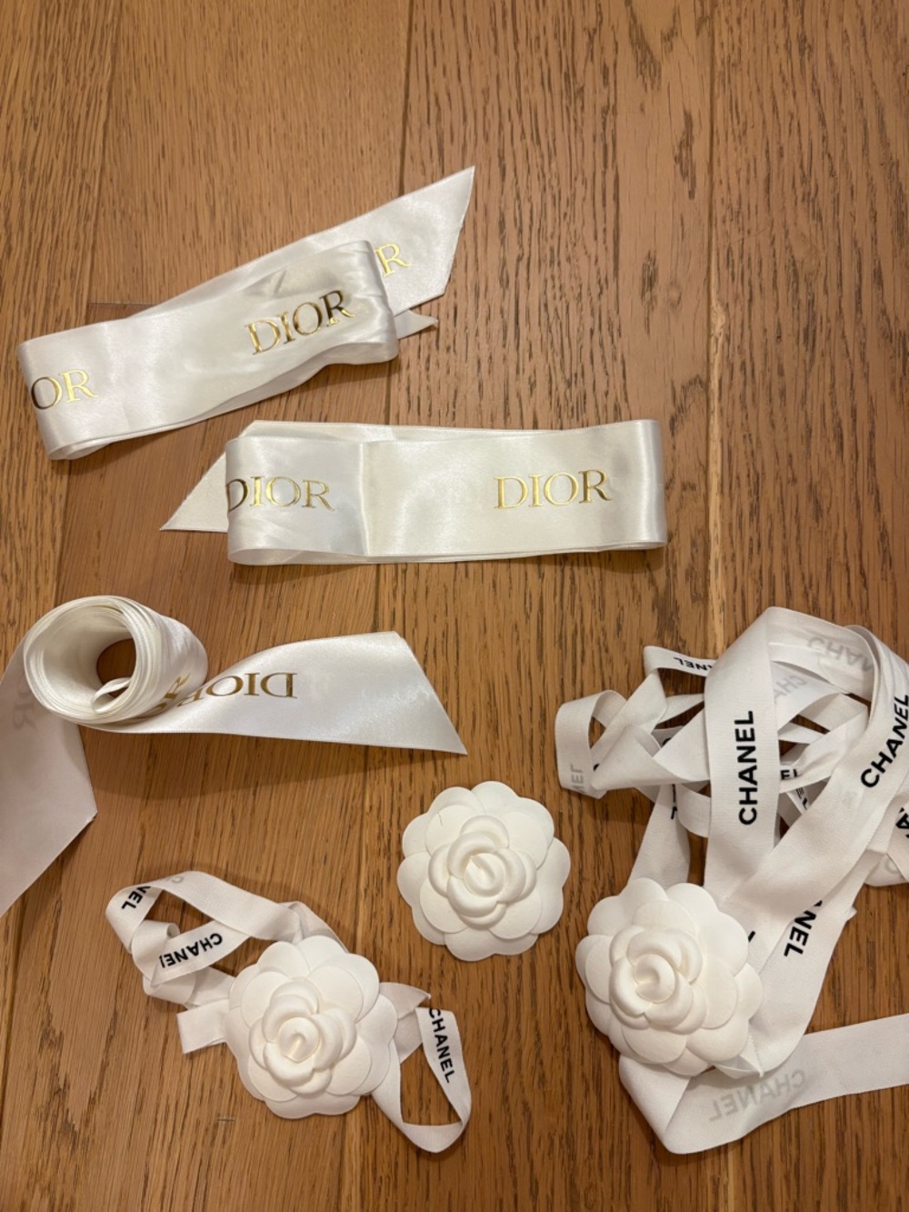 Dior & Chanel White Satin Logo Ribbons with White Camellia Flowers